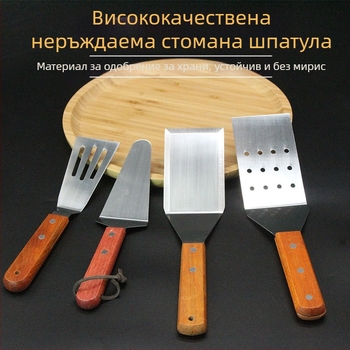 Комплект шпатули за teppanyaki със дървени дръжки, шпатули от неръждаема стомана – висока топлоустойчивост, антиизгаряне, прибори за грил