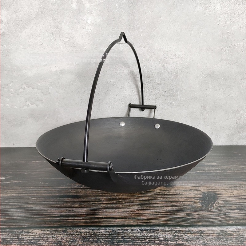 Традиционен висящ чугунен тиган за яхнии – китайски стил, без покритие, едно дъно, съвместим с газова печка