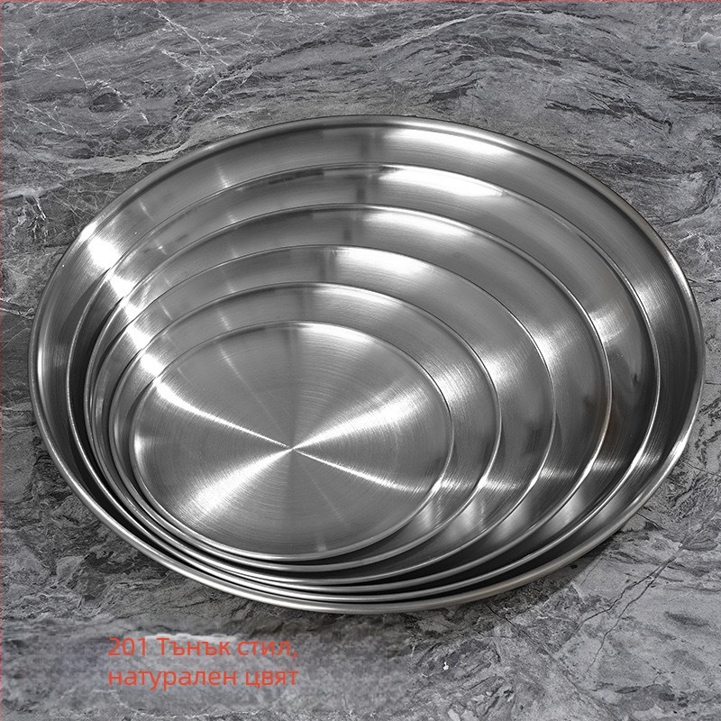 Плитък кръгъл съд от неръждаема стомана 201, полирана повърхност, за ресторанти и кетъринг, възможност за печат на лого
