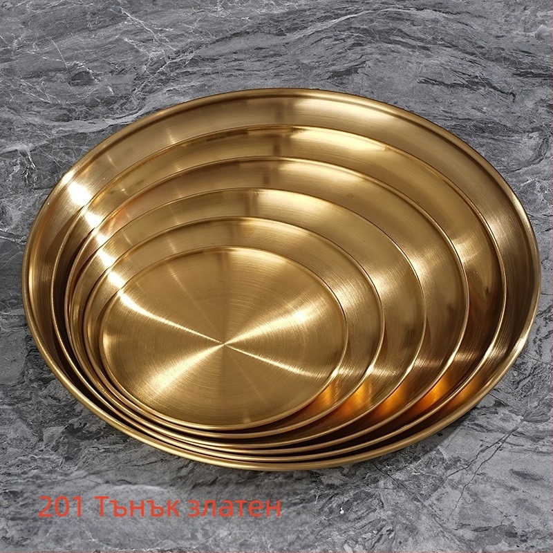 Плитък кръгъл съд от неръждаема стомана 201, полирана повърхност, за ресторанти и кетъринг, възможност за печат на лого