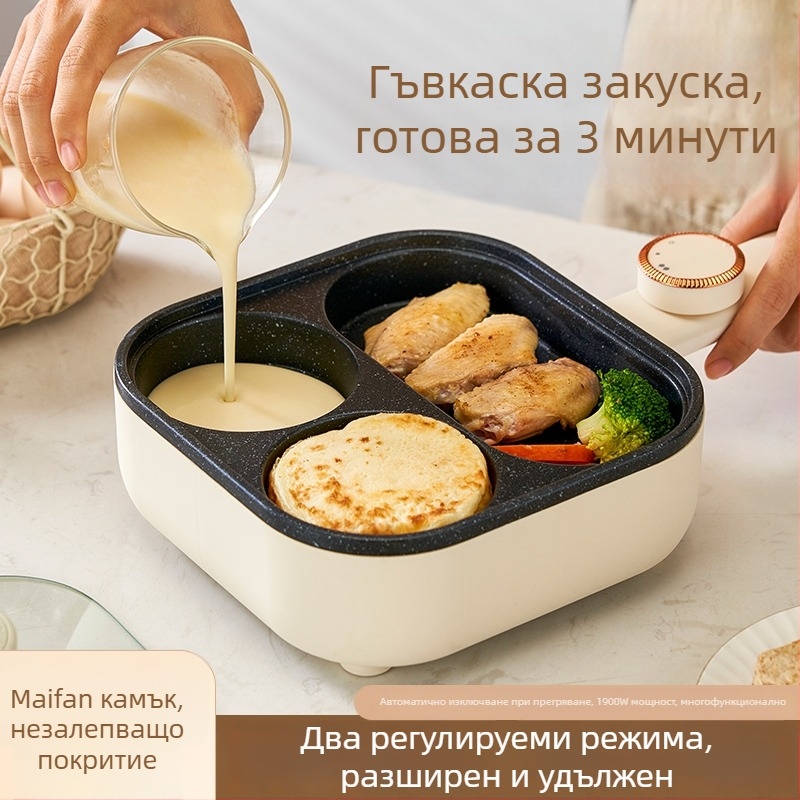 Електрически омлет тиган с четири отвора и незалепващо покритие, алуминиев корпус, 900W, 220V, стъклен капак