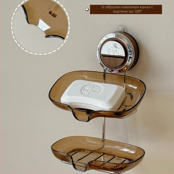 Сапунерка със suction cup за стена, без пробиване, двупластова с дренаж, пластмаса и неръждаема стомана