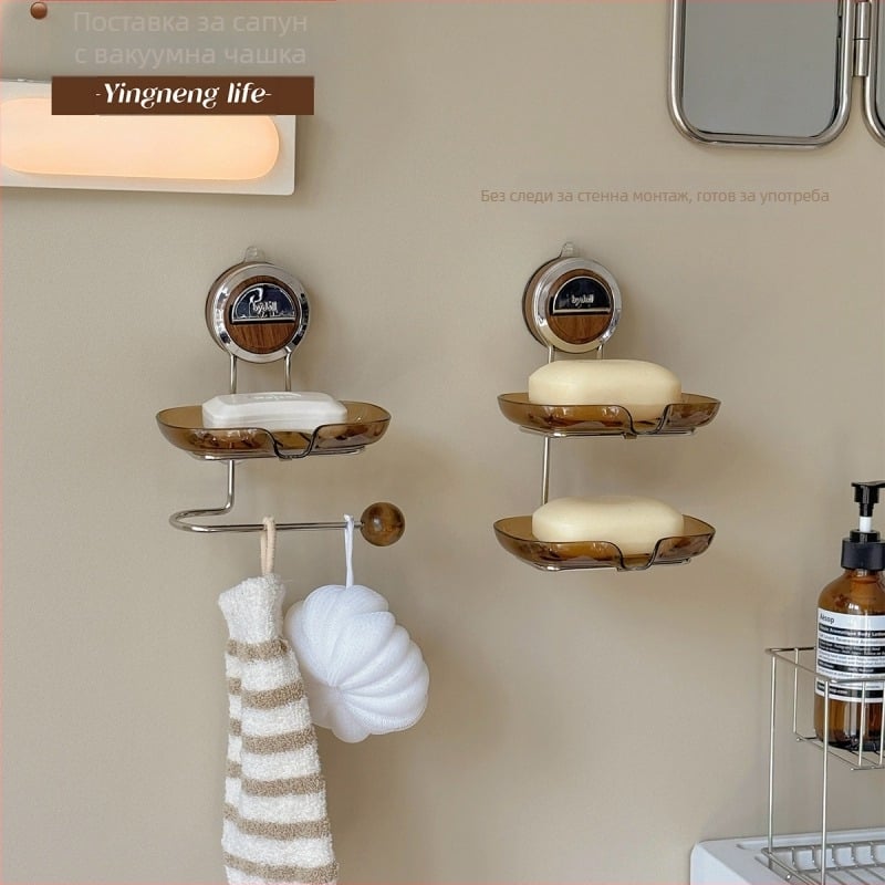 Сапунерка със suction cup за стена, без пробиване, двупластова с дренаж, пластмаса и неръждаема стомана