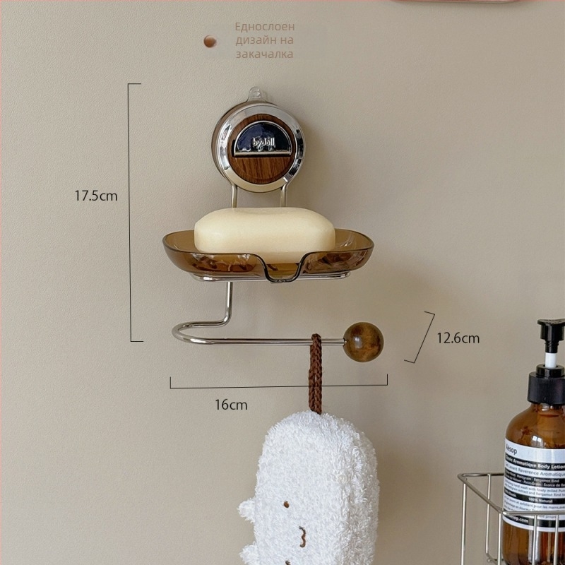 Сапунерка със suction cup за стена, без пробиване, двупластова с дренаж, пластмаса и неръждаема стомана