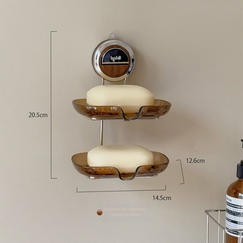 Сапунерка със suction cup за стена, без пробиване, двупластова с дренаж, пластмаса и неръждаема стомана