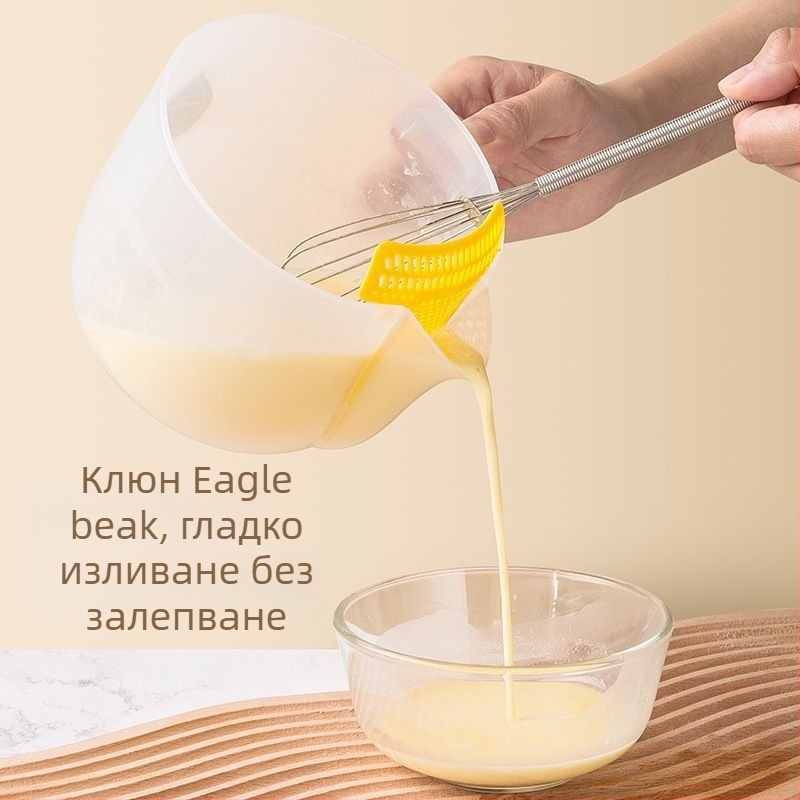 Кухненски многофункционален прибор за измиване на ориз: филтър за ориз, мерителна чашка, разделител за яйца и градуирана купа — ръчен, модерен минималистичен стил