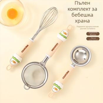 Неръждаем стоманен комплект за печене със сито за брашно, цедка, филтър-сито, бъркалка за яйца и разделител за белтъци; печат на лого наличен; подходящ за подарък; ръчно управление; без електрическо захранване