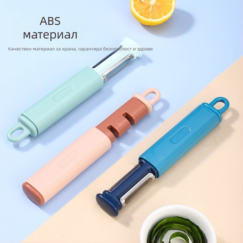 3-в-1 кухненски инструмент: обелвач, настъргвач и острилка за нож; ABS корпус; ръчна употреба