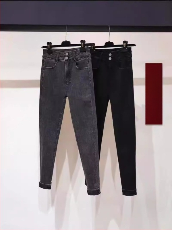 Дамски дънки с висока талия и разтегливост, клин кройка с бродерия, деним-памук-еластан смес