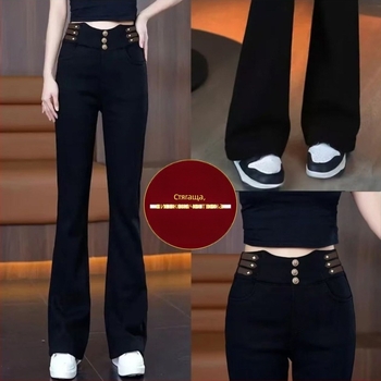 Дънки с висока талия и Bootcut, деним памук, подплатени с флис, дебели за студено време, дълги панталони, есен 2025