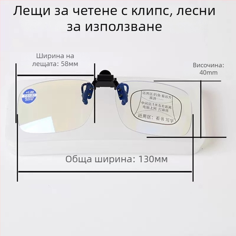 Клип-очила за пресбиопия: лещи от смола; мултифокални лещи; антисиня светлина; квадратна рамка