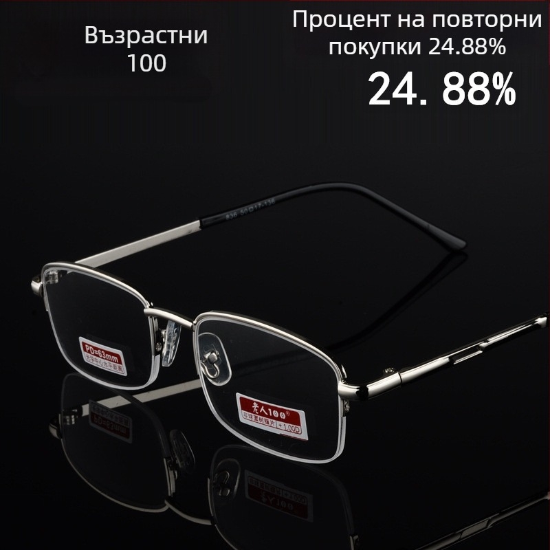 Очила за четене, полурамков дизайн, лещи от смола, метална рамка, +100…+400 D, унисекс, за възрастни