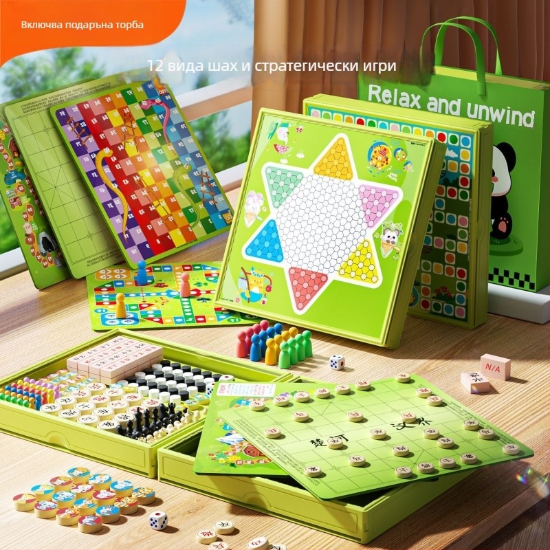 12-in-1 преносим настолен комплект за игри — Flying Chess, Checkers, Sudoku и Go; пластмасова конструкция; за възраст 7–14