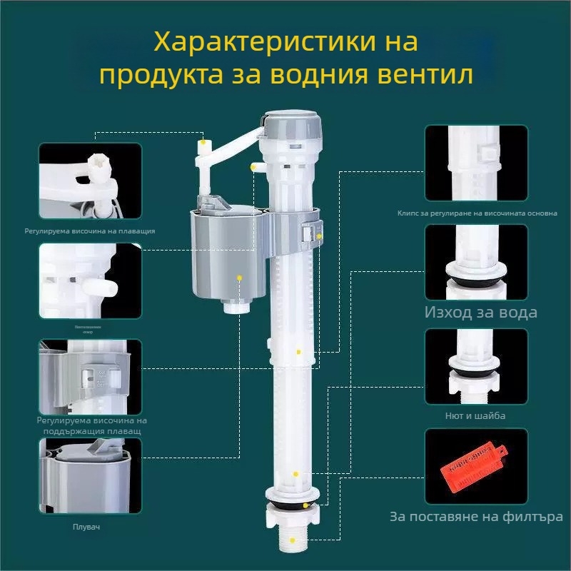 Клапан за напълване на резервоара на тоалетната (Материал: Пластмаса; Начин на използване: Резбово свързване; Метод на формоване: Инжекционно формоване; Стил: Модерна простота; Сертификация: Няма)