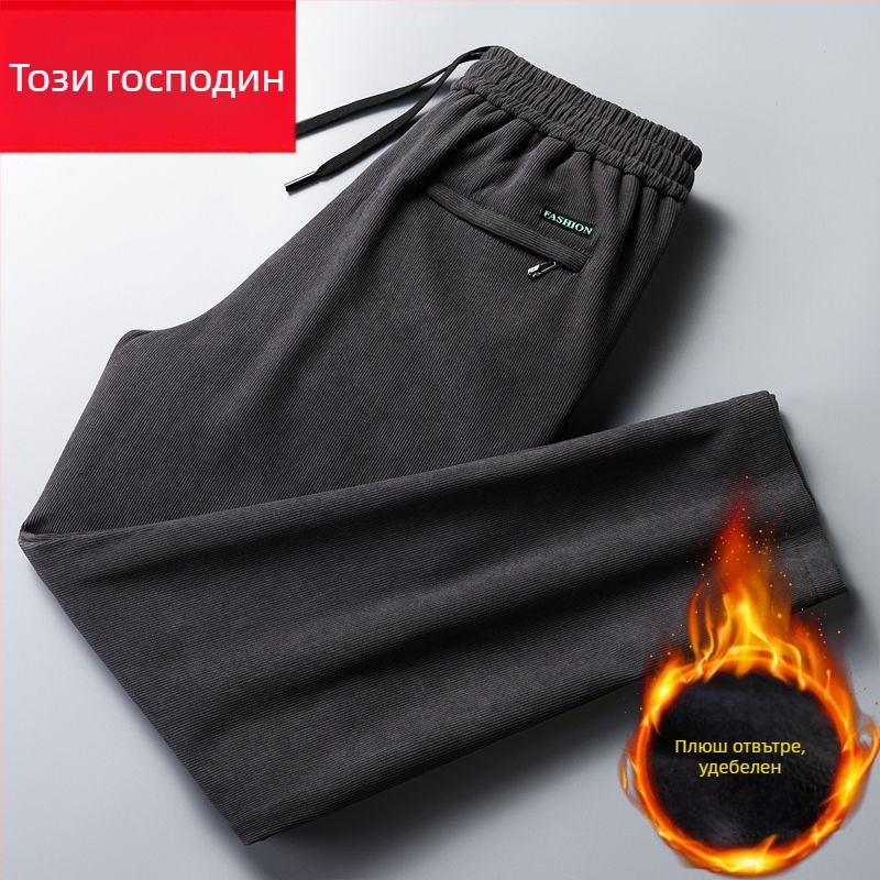 Мъжки панталони Corduroy с подплата от флийс, прав кройка, средна талия, дълги панталони, полиестрова тъкан