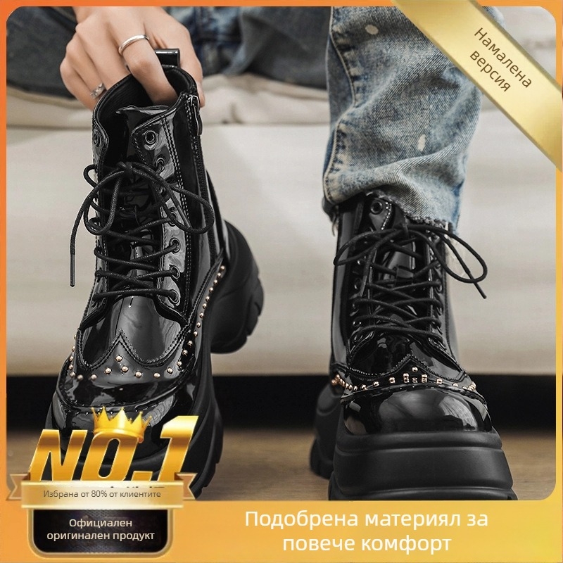 Zotya мъжки кожени мартин ботуши, кожена горна част, гумена подметка, кръгъл нос, нисък дебел ток, британски стил