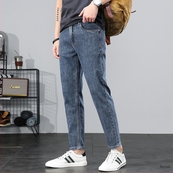 Мъжки дънки със slim-fit и straight-leg, памук деним, средна талия, къси до глезена