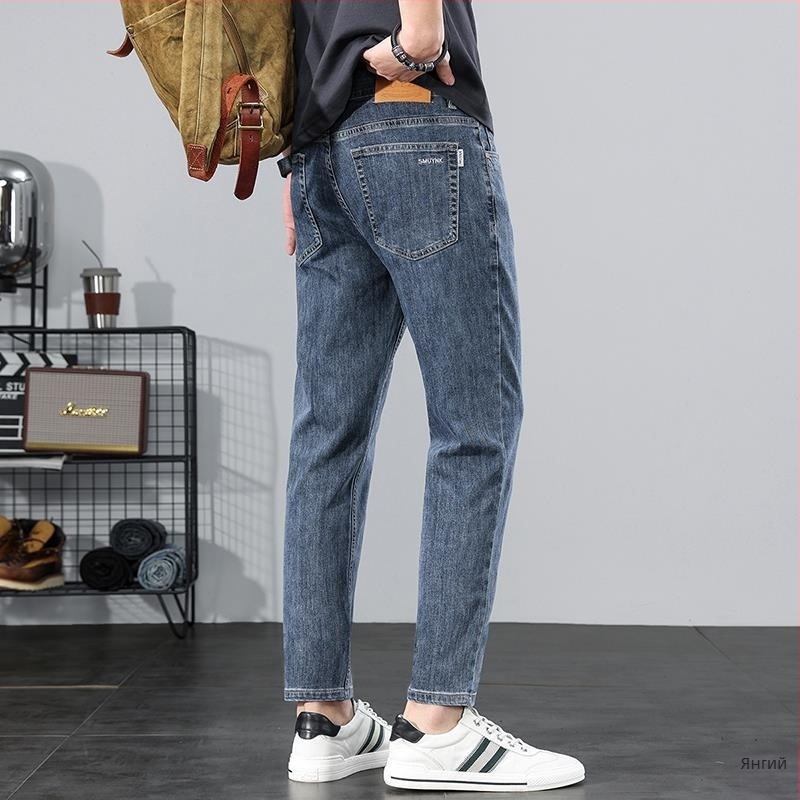 Мъжки дънки със slim-fit и straight-leg, памук деним, средна талия, къси до глезена