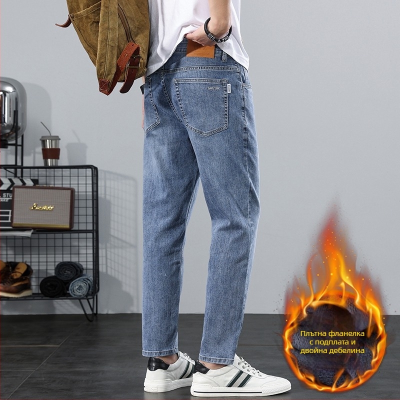 Мъжки дънки със slim-fit и straight-leg, памук деним, средна талия, къси до глезена