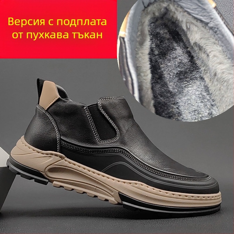 Мъжки кожени мартин ботуши, британски стил, гумена подметка, кръгъл нос, среден ток 3–5 см, предно връзване