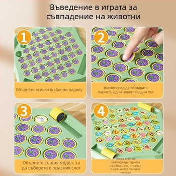 Настолна игра за четирима играчи с механика обръщане и съчетаване, родителско-детско взаимодействие, логическо мислене, възраст 4–14 години, пластмасова конструкция