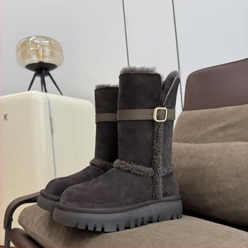Дамски високи зимни обувки от телешка кожа с вълнена подплата и истинска пухена облицовка, дебел под, кръгъл нос, висока горна част