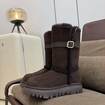 Дамски високи зимни обувки от телешка кожа с вълнена подплата и истинска пухена облицовка, дебел под, кръгъл нос, висока горна част