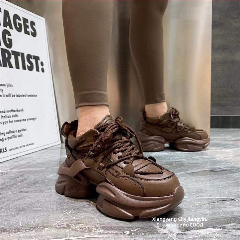 Дамски маратонки с дебела подметка за повдигане на височината, горна част от разделена кожа, подметка PU, връзки, латексова стелка