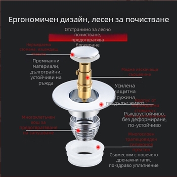 Дренажен филтър за мивка – неръждаема стомана, прес монтаж, антизапушване