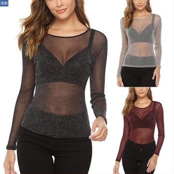Tencel Blend мрежеста топ, дълги ръкави, закръглена яка, Slim Fit, Off-Shoulder European-American стил