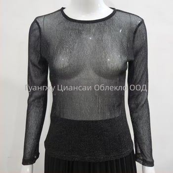 Tencel Blend мрежеста топ, дълги ръкави, закръглена яка, Slim Fit, Off-Shoulder European-American стил