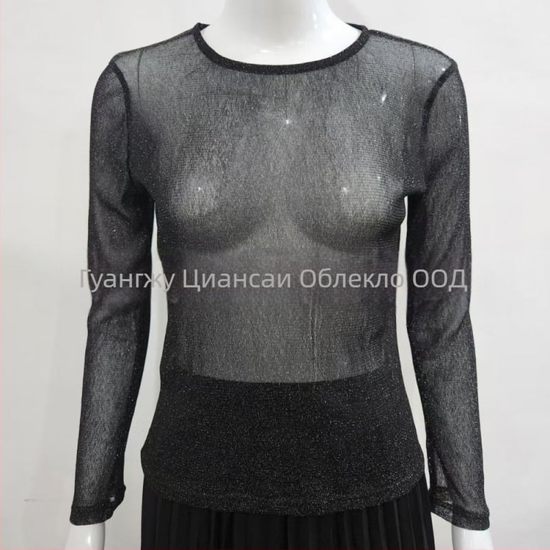 Tencel Blend мрежеста топ, дълги ръкави, закръглена яка, Slim Fit, Off-Shoulder European-American стил