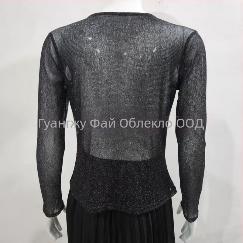 Tencel Blend мрежеста топ, дълги ръкави, закръглена яка, Slim Fit, Off-Shoulder European-American стил