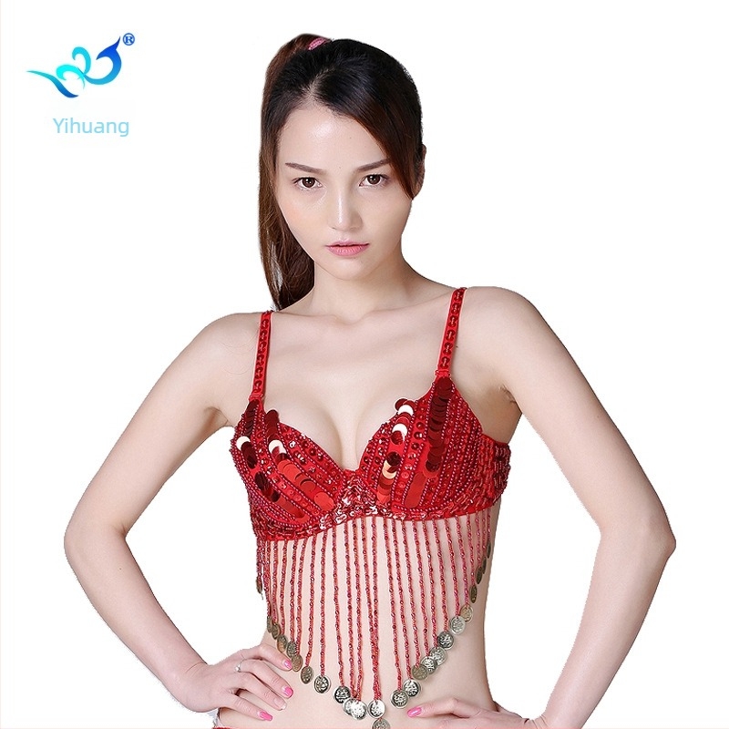 Бюстгальтер за Belly Dance с пайети и пискюли, чашки с поддържаща рамка — полиестер/памук, жена, зима 2023, за Belly Dance, Indian Dance, Opening Dance, Xinjiang Dance
