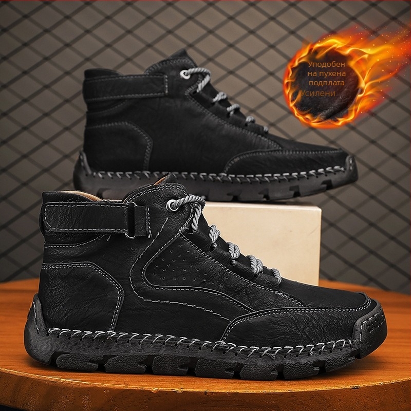 Мъжки Martin boots - синтетична кожа горна част, PU подметка, средна височина на глезена, връзки, ръчно шиени шевове, зимни обувки