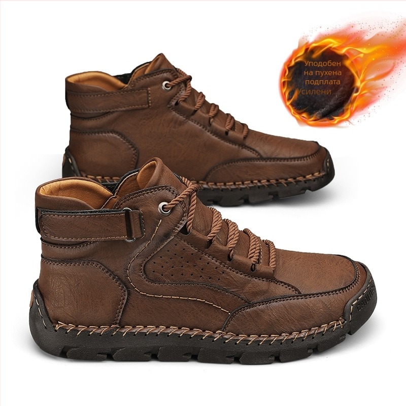 Мъжки Martin boots - синтетична кожа горна част, PU подметка, средна височина на глезена, връзки, ръчно шиени шевове, зимни обувки