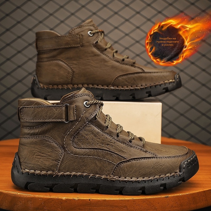 Мъжки Martin boots - синтетична кожа горна част, PU подметка, средна височина на глезена, връзки, ръчно шиени шевове, зимни обувки