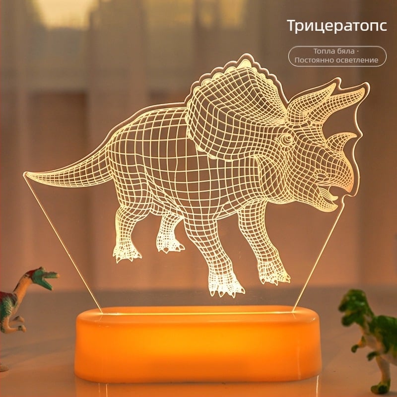 3D акрилна нощна лампа с динозавър за бюро — карикатурна лампа на животно с вградена батерия и бутон за включване, напрежение ≤36V