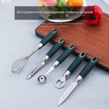 Комплект кухненски прибори от 304 неръждаема стомана: лъжичка за плодове, бъркалка за яйца, нож за обелване, рибена люспа и отварачка за бутилки