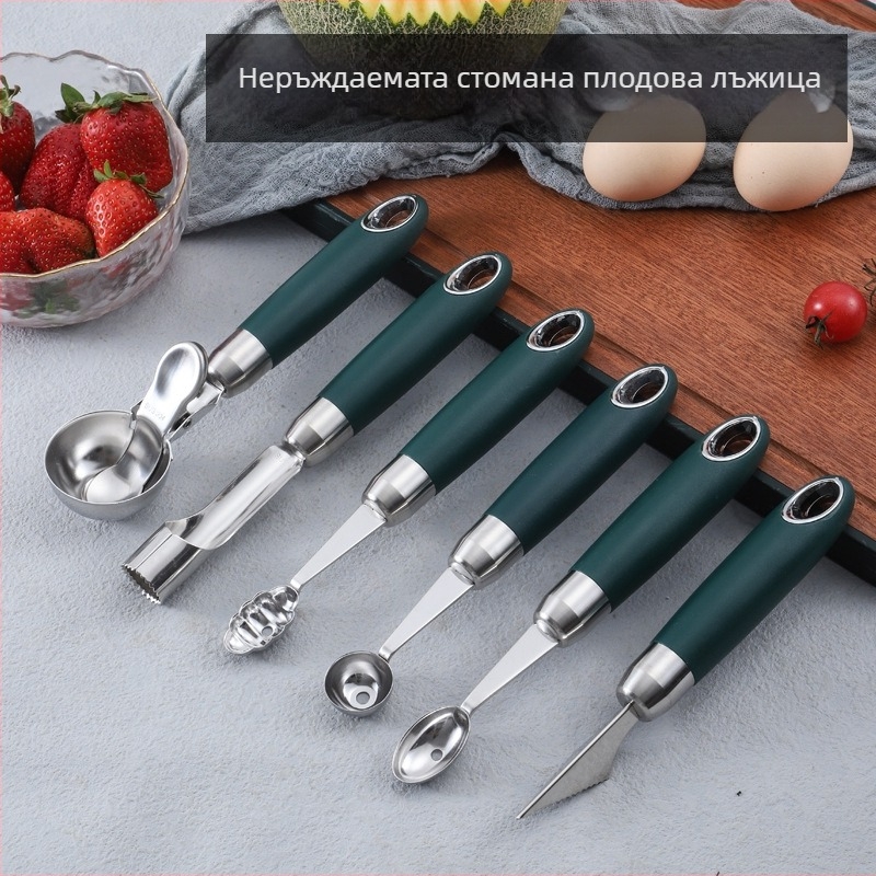 Комплект кухненски прибори от 304 неръждаема стомана: лъжичка за плодове, бъркалка за яйца, нож за обелване, рибена люспа и отварачка за бутилки