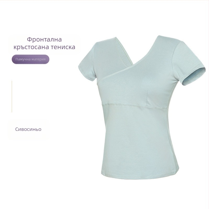 Танцово горнище за жени – памучен T‑шърт с преден кръст, балетна практика, възрастни жени, едноцветен модел, памук 93%, подплата вискоза 95%