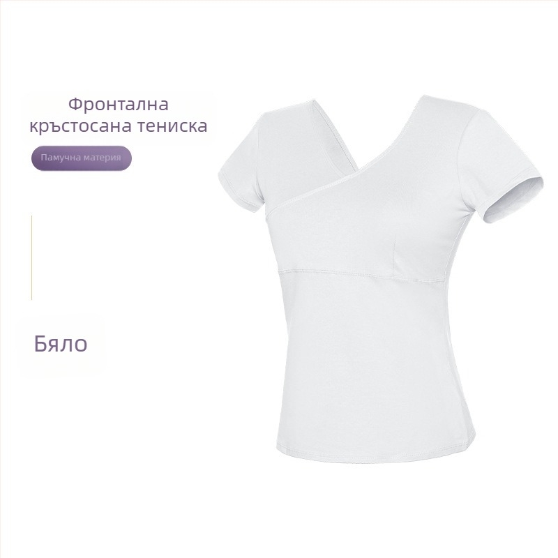 Танцово горнище за жени – памучен T‑шърт с преден кръст, балетна практика, възрастни жени, едноцветен модел, памук 93%, подплата вискоза 95%