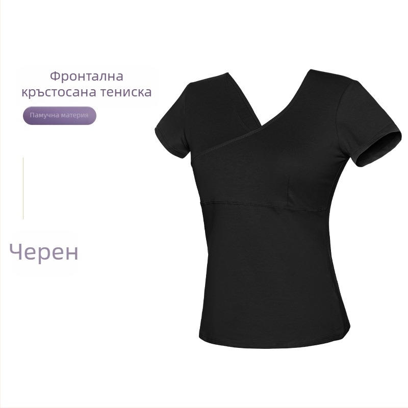 Танцово горнище за жени – памучен T‑шърт с преден кръст, балетна практика, възрастни жени, едноцветен модел, памук 93%, подплата вискоза 95%