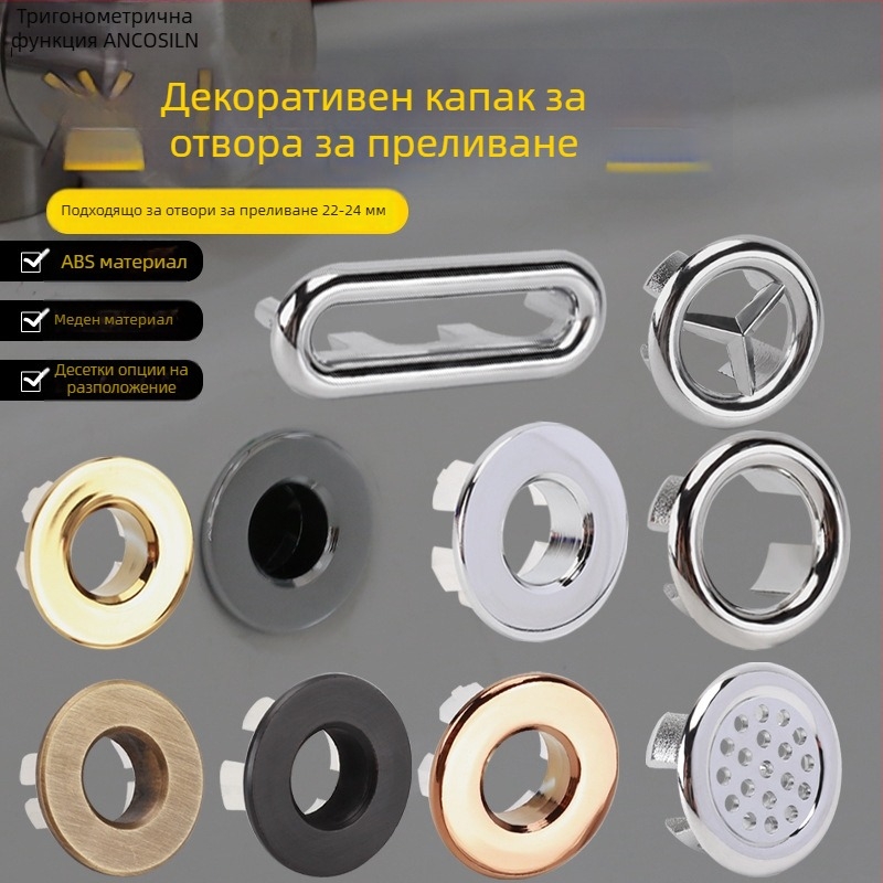 Декоративно капаче за преливане на мивка, материал: месинг+ABS, стил: модерен минимализъм, за плот