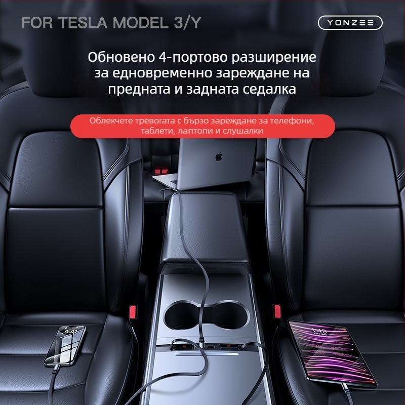 USB заряден хъб за централната конзола на Tesla Model 3/Y – мини, ABS, Snap-on