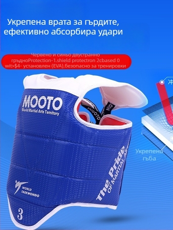 Таеквондо защитна екипировка: пълен комплект защита за глава, лакти, прасци, рамене и глезени, изработена от пяна