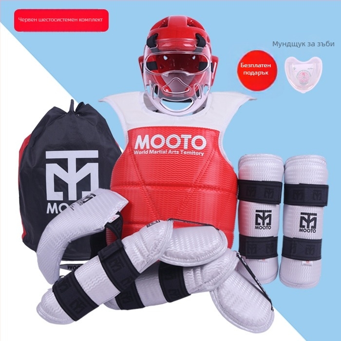 Таеквондо защитна екипировка: пълен комплект защита за глава, лакти, прасци, рамене и глезени, изработена от пяна