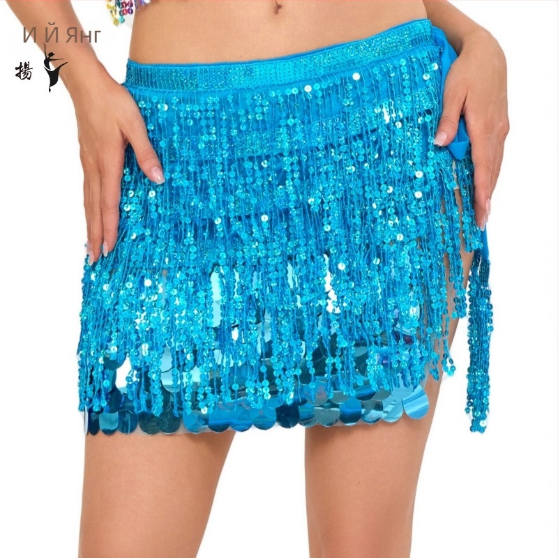 Костюм за ориенталски танц Belly Dance с многослоен колан за талия с ресни и пайети, полиестер, секси бохемски хип шал