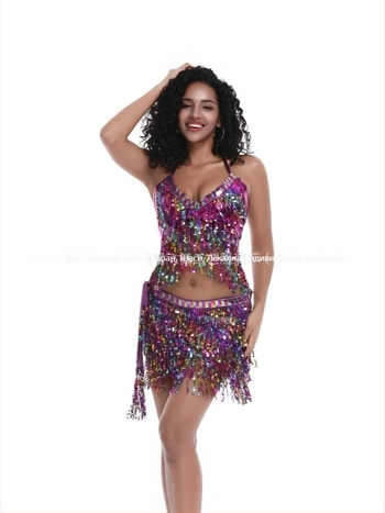 Пол денс сценичен костюм за коремни танци с пайети и пискюли, шифон плат, нейлон 50–70%, Пролет 2025