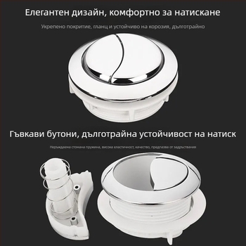Двоен бутон за промиване на тоалетна, универсално пасващ за кръгли и правоъгълни цистерни; CUPC сертифициран; марка Powerful Merchant; налична монтажна услуга.